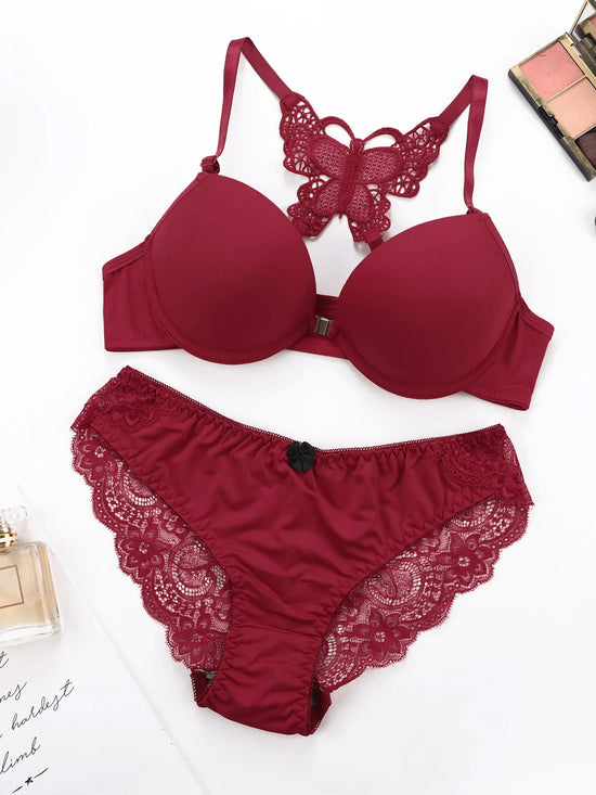 Hot selling 2-piece set of sexy red front button braissere beautiful back butterfly fashion bra push up women&